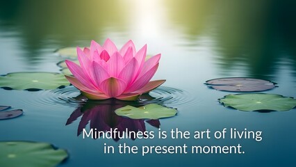 A serene lotus flower blooming in a pond mindfulness and zen quote overlay