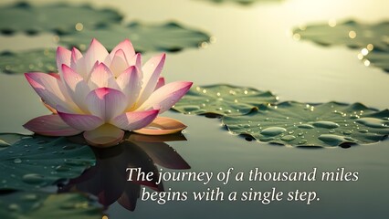 A serene lotus flower blooming in a pond mindfulness and zen quote overlay