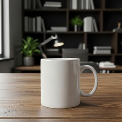 White mug on wooden table
