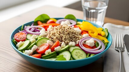 A vibrant salad bowl with quinoa veggies and feta clean eating for lunch