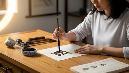 A woman practicing calligraphy at a wooden desk with ink and brushes