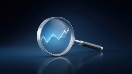 Detailed analysis of a magnifying glass focusing on a fluctuating line graph symbolizing growth, research, and exploration in business and finance contexts