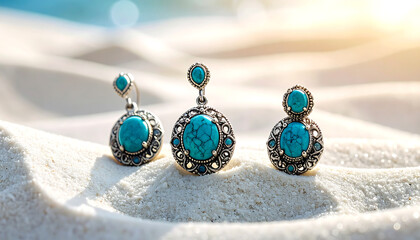 turquoise earrings on sand showcased under bright summer sun perfect for coastal jewelry advertising vacation lifestyle blogs and bohemian fashion promotion.