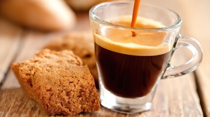 Hot Black Coffee in Clear Glass Cup with Brown Sugar Cookie on Wooden Surface