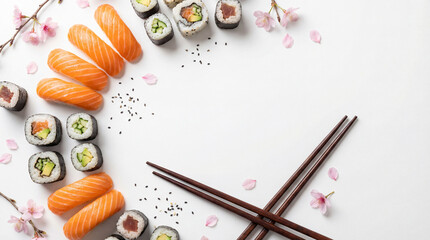 AI-generated flat lay of sushi assortment with salmon nigiri, maki rolls and chopsticks on white background, elegant Japanese cuisine concept for restaurant website hero, menu design and food branding