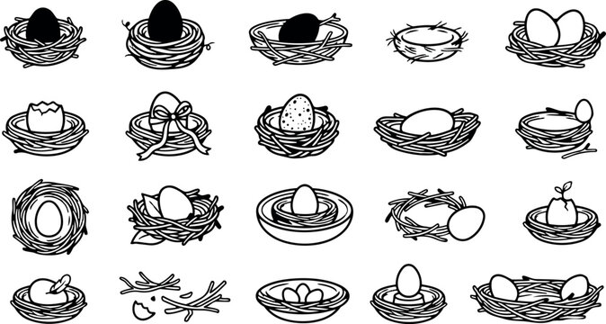 Line art hand drawn grid of nest and egg icons showing varied bird nest designs isolated on white background sketch