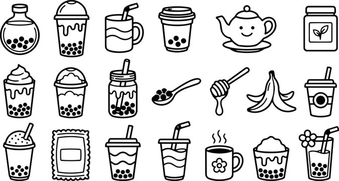 Line art icon set of bubble tea cups jars teapot spoon and honey jar arranged on white background, close up flat