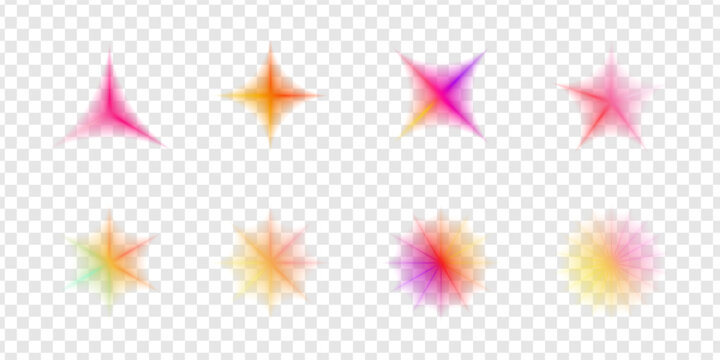 Trendy y2k aesthetic icons feature grain noise and blurry gradient shapes. These abstract floral, butterfly, and star elements in pink and purple create a nostalgic, soft 3d effect for modern designs.