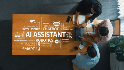 A vibrant modern office scene featuring a team engaged in a discussion about AI assistant technology, highlighting concepts like data mining and robotics for enhanced collaboration. Amity