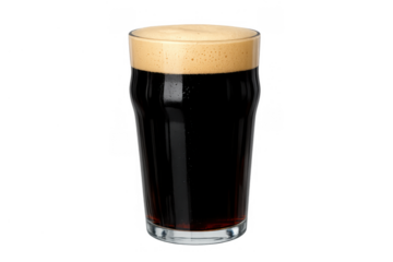 Dark beer filling a glass, forming a thick foamy head. Refreshing alcoholic drink served cold, transparent background