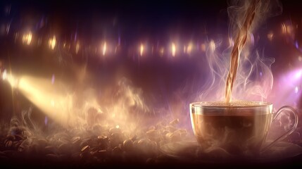 Hot Coffee Cup with Steam Rising in a Warm Cozy Atmosphere with Bokeh Lights