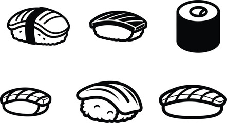 set of various sushi pieces in black and white line art style © saidur
