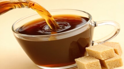 Hot Coffee in Clear Glass Cup with Sugar Cubes on Side in Warm Light
