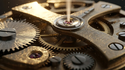 mechanical watch movement with golden gears ruby jewels and intricate clockwork illuminated by light for engineering and luxury projects.