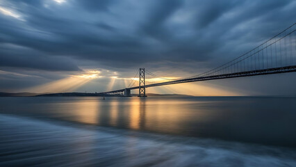 Obraz premium suspension bridge sunrise over water golden crepuscular rays through dark clouds reflecting on long exposure water for travel.