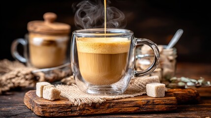 Hot Coffee in Glass Mug with Steaming Effect on Rustic Wooden Surface