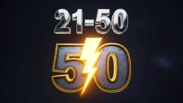 number 50 achievement 3d render with lightning bolt 21-50 range on dark backdrop for gaming success and progress. - Powered by Adobe