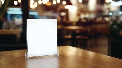 Blank menu label frame display stand on brown wooden table in cafe with empty space for advertising content during evening hours