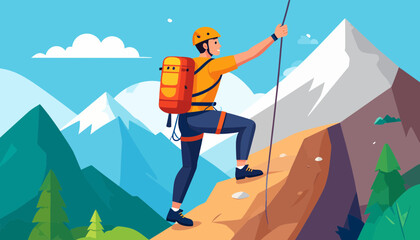 Fototapeta premium Man climbing a mountain with a rope and backpack.