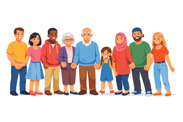 a vector flat illustration of a group of different people standing together on a white background