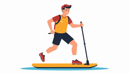 Fototapeta premium Man running on a stand up paddleboard with a paddle.