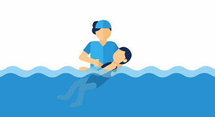 Swimming instructor teaching a child how to swim in the water.