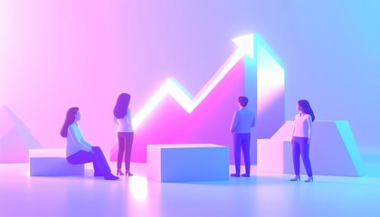 Premium flat illustration of business growth concept, diverse professionals collaborating around upward graph, clean geometric shapes, soft neutral color palette, modern editorial style, minimal shado