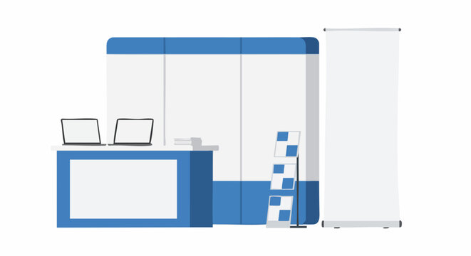 Modern Trade Show Booth Setup with Counter and Banner for Business Events.