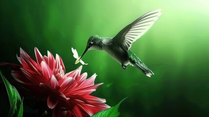 Hummingbird Feeding on Pink Flower in Bright Green Nature Scene