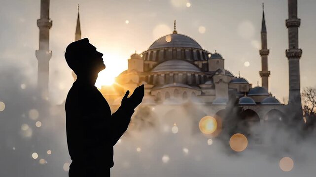 Praying man silhouette with blurred mosque at sunrise
