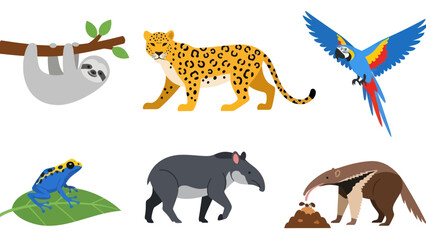 Naklejka premium Sloth Leopard Frog Rhino Armadillo Macaw Animals.