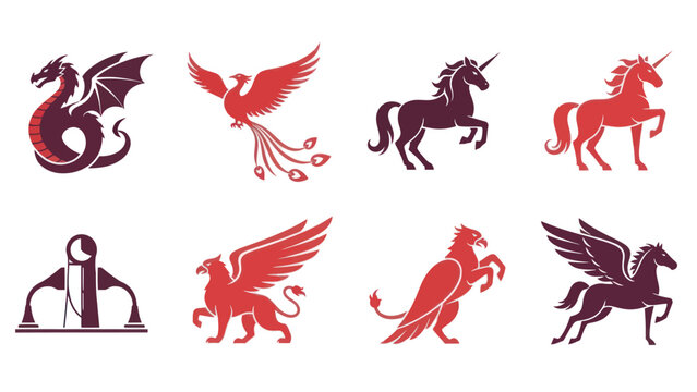Mythical Creatures Dragon Phoenix Horse Pegasus Illustrations.