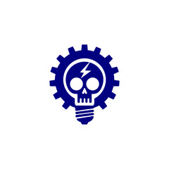Blue skull lightbulb gear logo combining electricity and engineering, bold flat vector icon