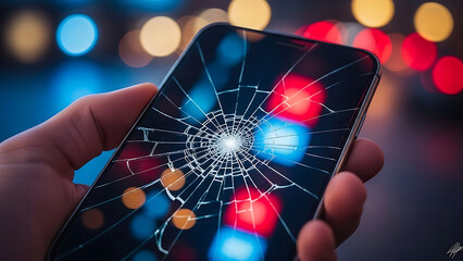 broken smartphone screen held revealing radial cracks from impact against blurred bokeh lights symbolizing accidental damage and technology repair.