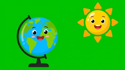 Flat 2D Cartoon Animation of a  Earth Globe and Sun Characters