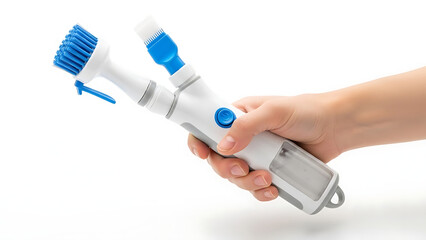 Ergonomic handheld cleaning brush with built-in liquid soap dispenser, perfect for efficient dishwashing and general household surface scrubbing on a pristine white background