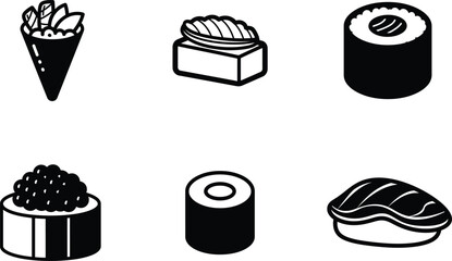 Various types of sushi rolls and nigiri on white background