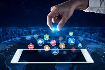 Set of business and digital service icons representing finance, cloud, analytics, email, communication, ecommerce, cybersecurity, and global connectivity in a modern ecosystem Vouch