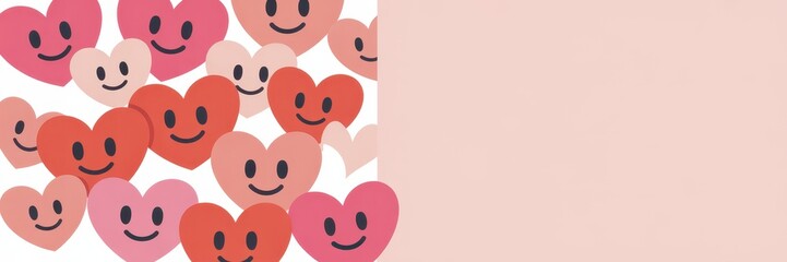 Fototapeta premium Smiling heart shapes in shades of red, pink, and peach clustered on the left side against a white background, with a large solid light pink area on the right suitable for copy space.