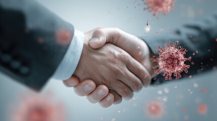 Businessmen handshake with virus particles floating around. Covid-19 prevention, risk and hygiene concept