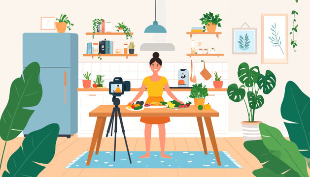 Woman recording cooking video in modern kitchen with plants.
