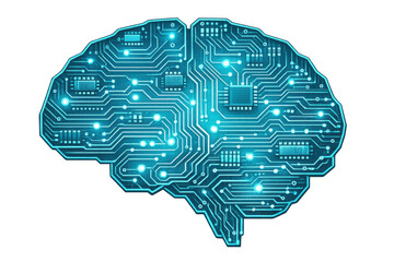 Digital brain formed by a circuit board with glowing connections, representing ai, smart technology, and innovation, transparent background