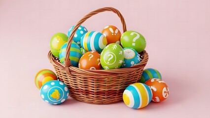 Wicker basket overflowing with brightly colored and patterned Easter eggs on a soft pink background