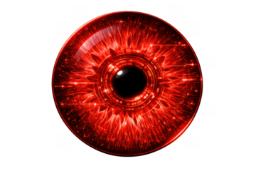Red glowing cybernetic eye with futuristic technology details on a transparent background, representing surveillance, ai, and digital vision