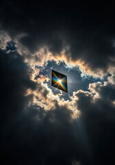 Fototapeta premium Celestial Prism: A beam of sunlight pierces through dramatic clouds, illuminating a prism and creating a stunning display of spectral colors. This image embodies light, wonder.