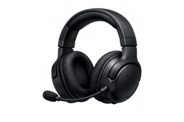 Black wireless gaming headset with microphone providing audio and voice communication for video gameplay