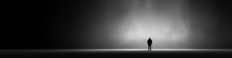 Fototapeta premium Lonely man standing in dark, empty, minimal space. Solitary man silhouette standing in an empty, dark, mysterious room, emphasizing isolation and introspection