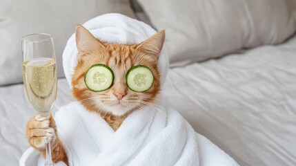 Cat enjoys spa day with cucumber slices on eyes while holding glass of champagne in cozy bathrobe and turban after bath time in a home setting