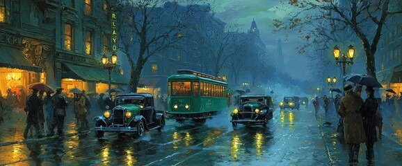 A wet city street scene with vintage cars, a green tram, and people with umbrellas in the rain