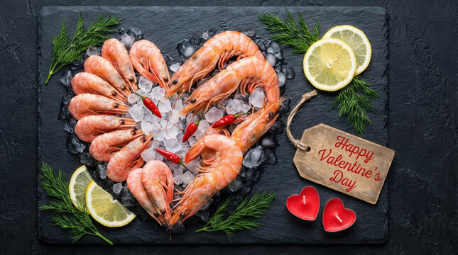 Valentine celebration with holiday decoration and love design featuring shrimp gift on ice with lemon slices and heart candles for special day background Valentine's Day celebration